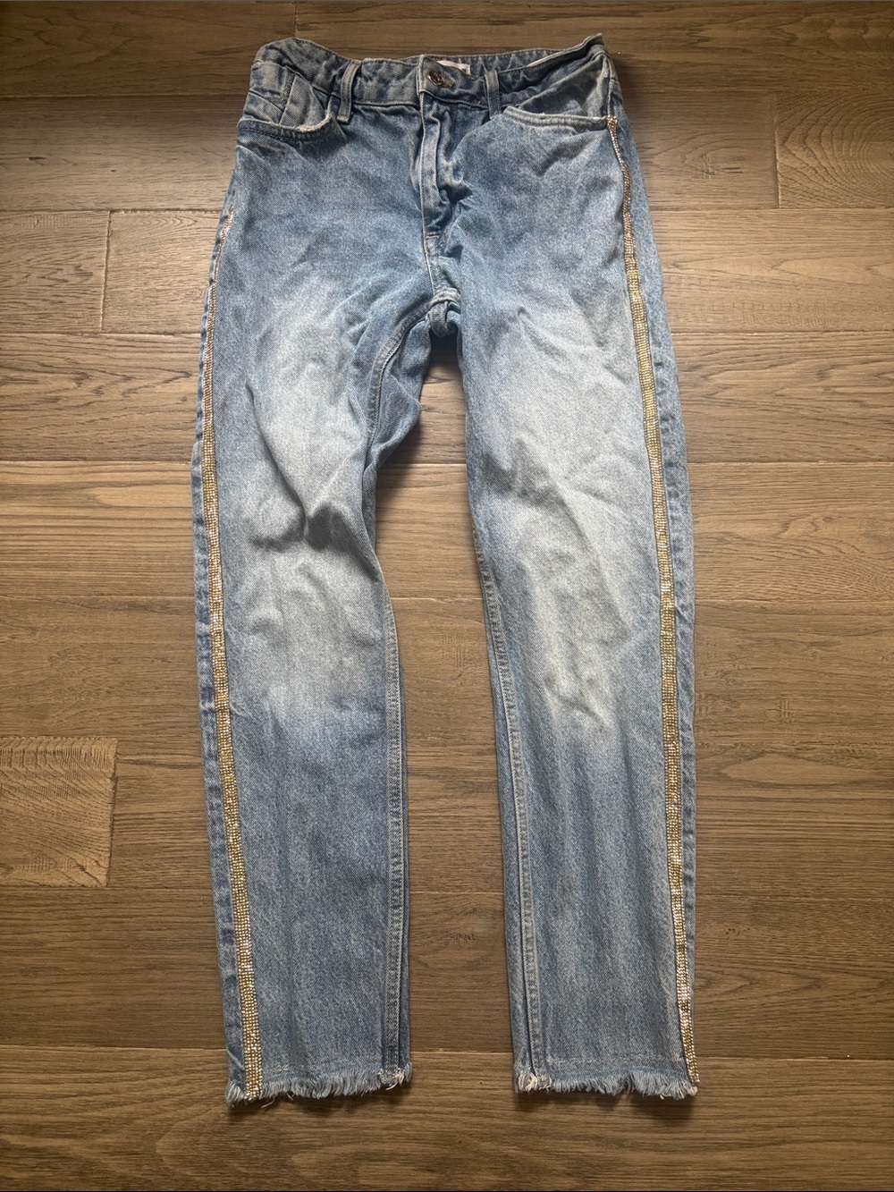 Zara | Light Blue Straight Jeans with Metallic Beads Side Trim Size 04